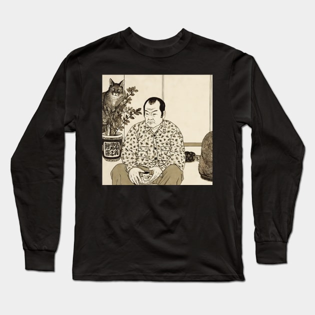 Asian elderly man sitting in lotus position drinking tea Long Sleeve T-Shirt by KOTYA